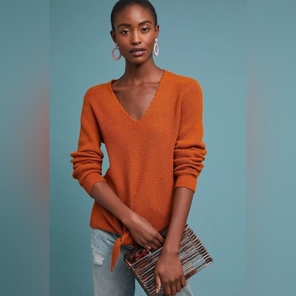 Moth Anthropologie Rust Orange Ribbed V-Neck Tie Front Sweater XS